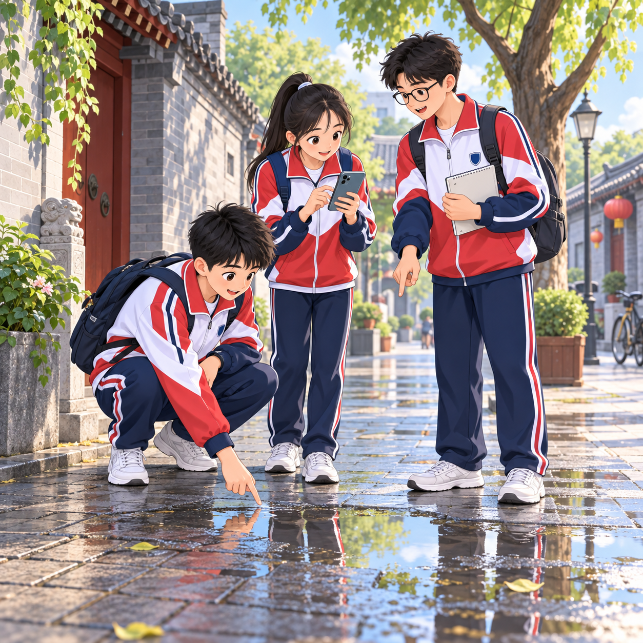 三名身穿红白校服的中学生在北京胡同人行道上用手机记录积水信息